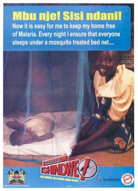 A mother tucks a mosquito net around her child's bed: preventing malaria in Kenya. Colour lithograph by Ministry of Public Health and Sanitation, 2010.