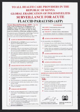 Action list in the event of acute flaccid paralysis: prevention of poliomyelitis in Kenya. Colour lithograph by Ministry of Health, 2001.