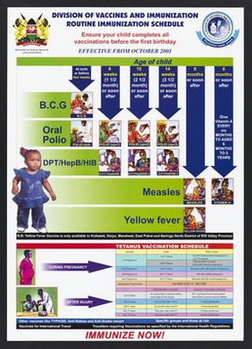 Routine immunization schedule for infants in Kenya. Colour lithograph by Ministry of Public Health and Sanitation, 2001.