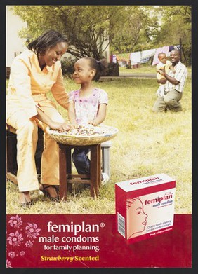 A mother smiles at her daughter with her husband and son in the background: advert for the male condom in Kenya. Colour lithograph by Femiplan, ca. 2000.