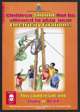 A boy's head touches an electric pylon as he attempts to retrieve his football on a ladder: public safety warning in Kenya. Colour lithograph by Kenya Power & Lighting Co., ca. 2000.