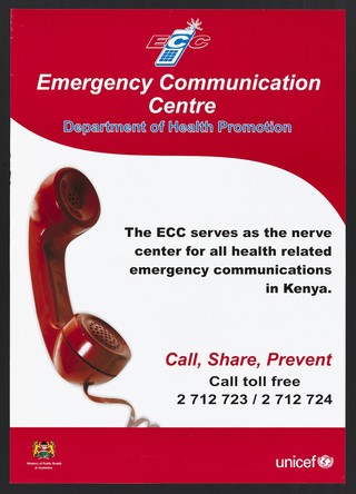 A telephone receiver: health related emergency communications in Kenya. Colour lithograph by Department of Health Promotion, ca. 2000.