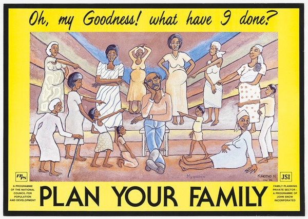 A man surrounded by numerous pregnant women and children: family planning in Kenya. Colour lithograph by N. Kimotho for The National Council for Population and Development, 1984.