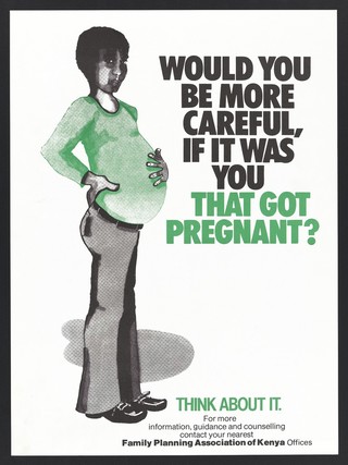 A pregnant man with a message about being careful: family planning in Kenya. Colour lithograph by Family Planning Association of Kenya, ca. 2000.