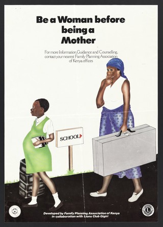 A pregnant school girl in tears walks past a school sign followed by her mother holding a large suitcase: family planning in Kenya. Colour lithograph by Family Planning Association of Kenya, ca. 1991.