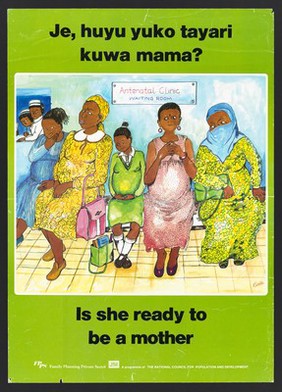 Two nurses and a row of pregnant women look at a pregnant teenage girl in an antenatal clinic: family planning in Kenya. Colour lithograph by Rhoda for Family Planning Private Sector, ca. 2000.