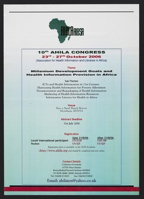 Notice of the 10th AHILA Congress on Millenium development goals and health information provision in Kenya. Colour lithograph by AHILA, 2006.