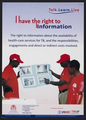 Three men wearing KAPTLD branded t-shirts look at a poster bearing images of tuberculosis prevention: health care services for TB in Kenya. Colour lithograph by KAPTLD, 2009.