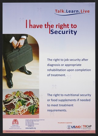 A man holding a brief case and a plate of food: job security and rehab for those with tuberculosis in Kenya. Colour lithograph by KAPTLD, 2009.