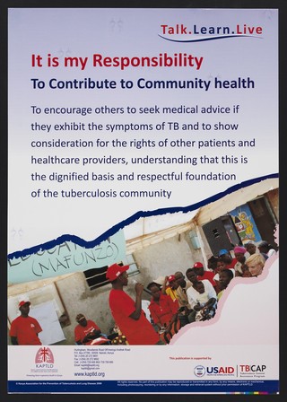 A man from KAPTLD addressing an audience: support for those with tuberculosis in Kenya. Colour lithograph by KAPTLD, 2009.