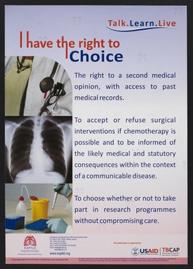 A doctor's instruments, a chest x-ray, and taking blood samples: choosing treatment for tuberculosis in Kenya. Colour lithograph by KAPTLD, 2009.