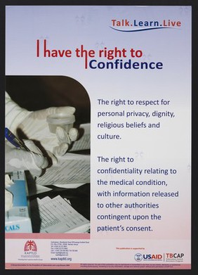 Writing up patient notes: confidentiality rights for tuberculosis patients in Kenya. Colour lithograph by KAPTLD, 2009.