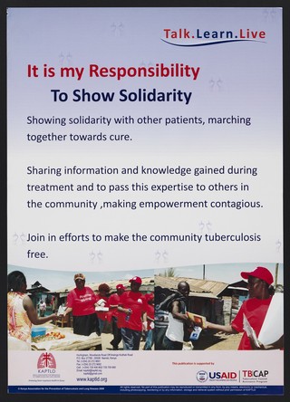 KAPTLD members handing out leaflets about tuberculosis to villagers: community efforts to combat tuberculosis in Kenya. Colour lithograph by KAPTLD, 2009.