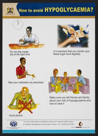 A man eating a meal, taking medication, avoiding alcohol and monitoring blood sugar: avoiding Hypoglycaemia in Kenya. Colour lithograph by Ministry of Health, ca. 2000.