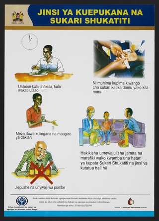 A man eating a meal, taking medication, avoiding alcohol and monitoring blood sugar: avoiding Hypoglycaemia in Kenya. Colour lithograph by Ministry of Health, ca. 2000.