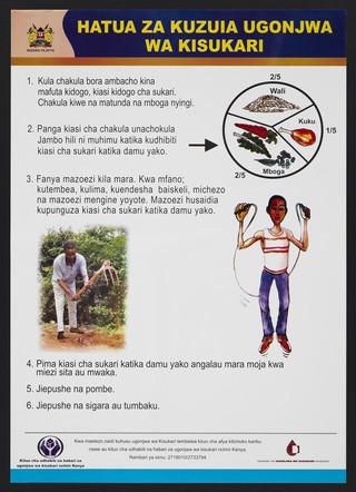 Steps to prevent diabetes in Kenya. Colour lithograph by Ministry of Health, ca. 2000.