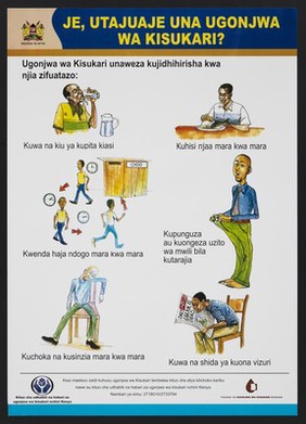 Symptoms of diabetes in Kenya. Colour lithograph by Ministry of Health, ca. 2000.