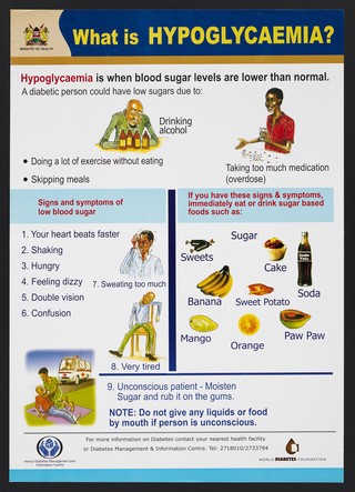 Symptoms of hypoglycaemia in Kenya. Colour lithograph by Ministry of Health, ca. 2000.