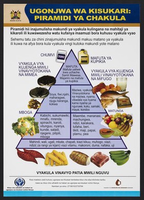 Food guide pyramid for diabetics in Kenya. Colour lithograph by Ministry of Health, ca. 2000.