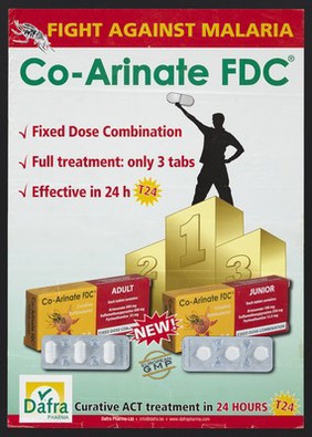 A figure promoting the use of the drug Co-Ardinate FDC: fighting malaria in Kenya. Colour lithograph by Dafra Pharma Ltd, ca. 2009.