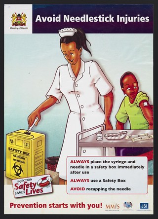 A nurse disposing of a syringe in a safety box: avoiding needlestick injuries in Kenya. Colour lithograph by Ministry of Health, ca. 2000.
