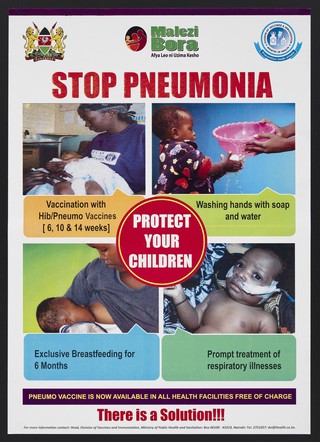 Vaccination, washing hands, exclusive breastfeeting and prompt treatment for respiratory illness: protecting children from pneumonia in Kenya. Colour lithograph by Ministry of Public Health and Sanitation, ca. 2008.