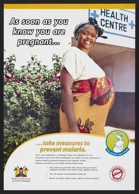 A pregnant woman stands outside a health centre: malaria prevention during pregnancy in Kenya. Colour lithograph by Ministry of Public Health and Sanitation, 2010.