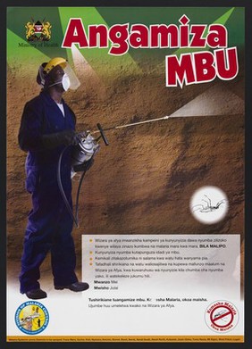 A mosquito and a man in overalls using an anti-malaria spray: malaria prevention in Kenya. Colour lithograph by Ministry of Health, ca. 2000.