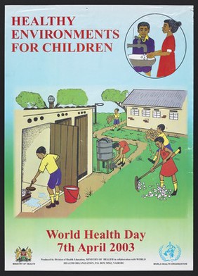 Children washing their hands, cleaning and tidying: World Health Day in Kenya. Colour lithograph by Ministry of Health, 2003.