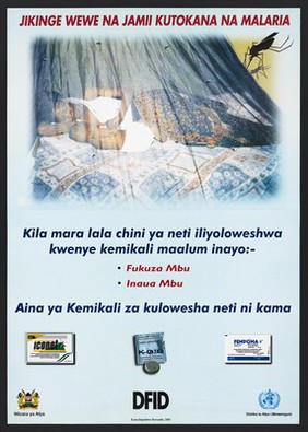 A mosquito attempting to attack a mosquito net under which a mother and child sleep: preventing malaria in Kenya. Colour lithograph by Ministry of Health, 2003.