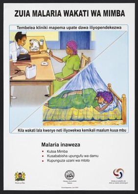 A pregnant woman receiving anti-malaria medication and lying beneath a mosquito net: preventing malaria in Kenya. Colour lithograph by Ministry of Health, 2003.