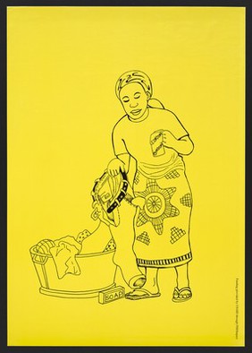 A woman removing a packet of condoms from some trousers in a laundry basket: preventing HIV/AIDS in Kenya. Colour lithograph by FHI/Impact, ca. 2000.