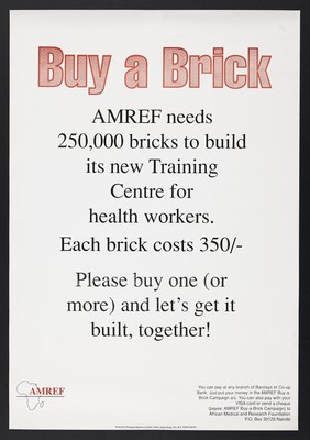 Buy a brick campaign to build new health training centres for AMREF in Kenya. Colour lithograph by AMREF, ca. 2000.