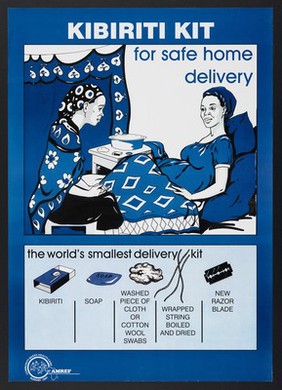 A midwife tending a pregnant woman at home: promoting the Kibiriti home birth kit in Kenya. Colour lithograph by AMREF, ca. 2000.