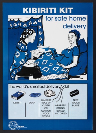 A midwife tending a pregnant woman at home: promoting the Kibiriti home birth kit in Kenya. Colour lithograph by AMREF, ca. 2000.
