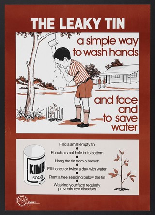 A boy washing his face beneath a leaky tin hanging from a tree: saving and use of water in Kenya. Colour lithograph by AMREF, ca. 2000.