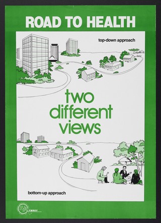A city compared with a village: health care development in Kenya. Colour lithograph by AMREF, ca. 2000.