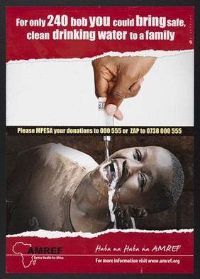 A boy drinking water from a dollar note: water sanitation in Kenya. Colour lithograph by AMREF, ca. 2000.