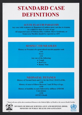 Case definitions for AFP, measles and neonatal tetanus: treating disease in Kenya. Colour lithograph by Ministry of Public Health and Sanitation, ca. 2000.