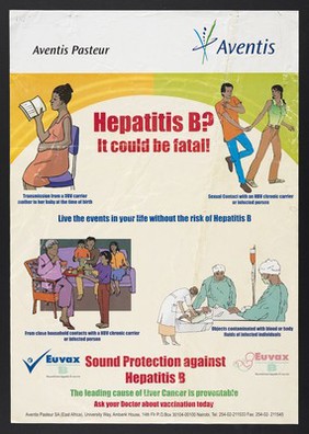 Prevention of hepatitis B in Kenya. Colour lithograph by Aventis Pasteur, ca. 2000.