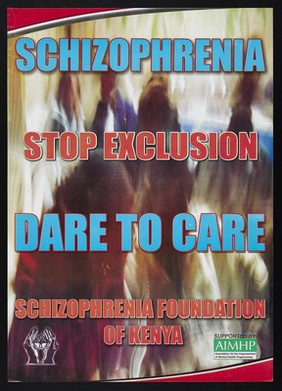 Blurred images of people: treating schizophrenia in Kenya. Colour lithograph by Schizophrenia Foundation of Kenya, ca. 2000.