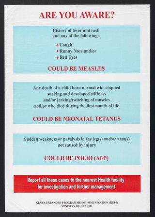 Immunizations covered by Ministry of Health in Kenya: measles, tetanus in infants and polio. Colour lithograph by KEPI, Ministry of Health, ca. 2000.