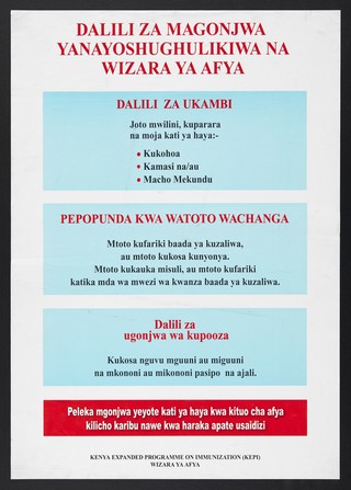 Immunizations covered by Ministry of Health in Kenya: measles, tetanus in infants and polio. Colour lithograph by KEPI, Ministry of Health, ca. 2000.