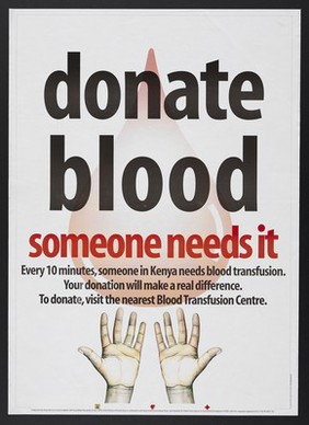 Hands receiving a drop of blood: appeal for blood donors in Kenya. Colour lithograph by Sunburst Communications for Kenya Red Cross Society, ca. 2000.