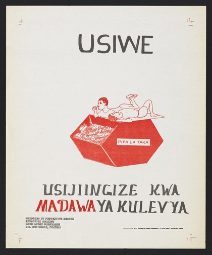 Two figures lie on a skip full of waste: warning about drug abuse in Kenya. Colour lithograph by Preventive Health Education Against Drug Abuse Programme, ca. 2000.