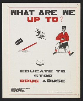 A boy injecting himself: educating against drug abuse in Kenya. Colour lithograph by Division of Health Education, ca. 2000.