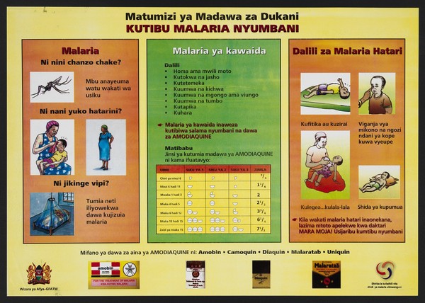Illustrated guidelines on treating malaria at home in Kenya. Colour lithograph by Ministry of Health, ca. 2000.