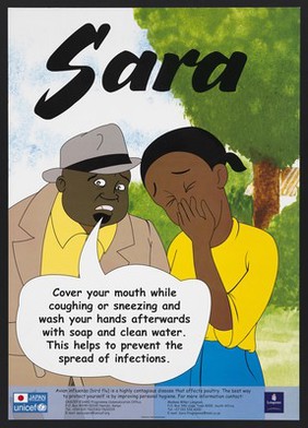 A man advises a girl to hold a hand to her mouth as she sneezes: protecting against avian flu in Kenya. Colour lithograph by UNICEF and Longman, ca. 2000.