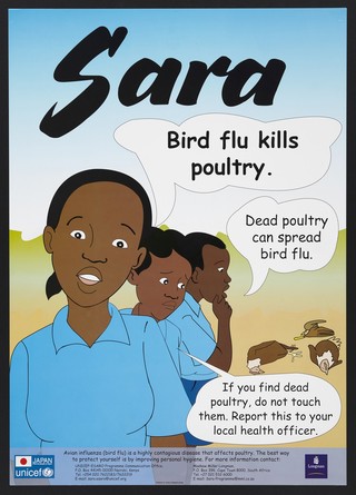 Three girls look at three dead chickens: protecting against avian flu in Kenya. Colour lithograph by UNICEF and Longman, ca. 2000.