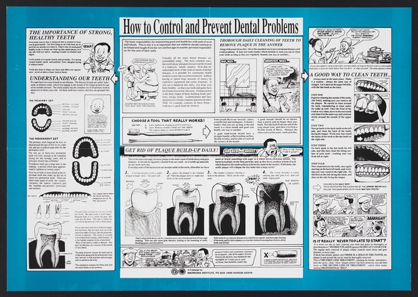 Illustrated information sheet on how to control and prevent dental problems in Kenya. Colour lithograph by Mazingira Institute, ca. 2000.